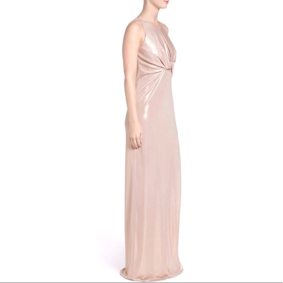 Halston Heritage Metallic Jersey Front Keyhole Gown Champagne 0 - Picture 2 of 8